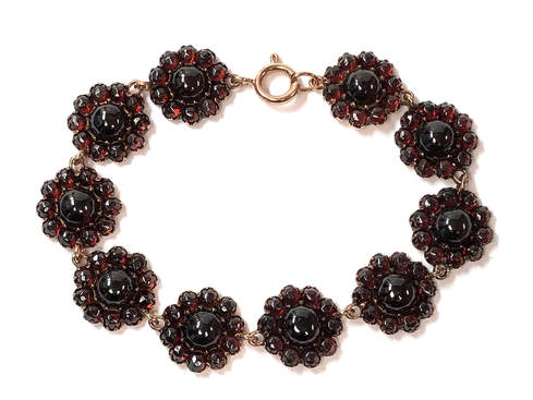 Fine Edwardian era antique rose gold-filled Bohemian garnet cluster bracelet
