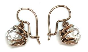 Antique Victorian 14K rose gold buttercup earrings set with colorless brilliant cut French paste.