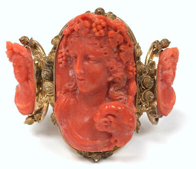 Mid Victorian Era antique 14K gold-filled bracelet set with 3 large, precious red coral cameos carved in high relief