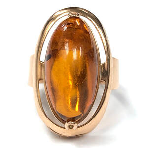 Vintage Russian-made 14K rose gold amber ring, hallmarked 