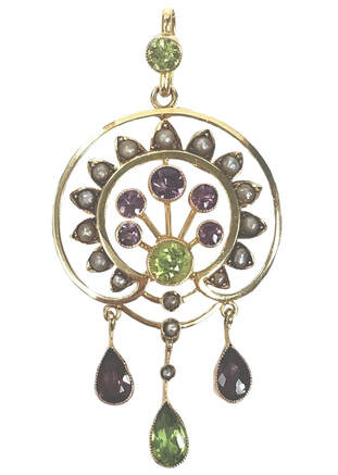 Art Nouveau era antique 14ct suffragette pendant set with amethyst, peridot and seed pearls, by Birks