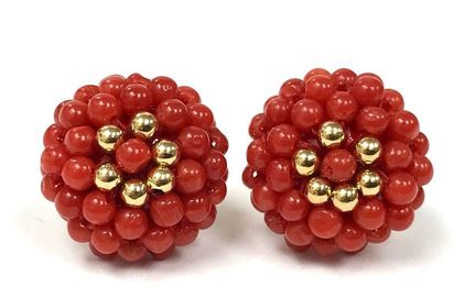 Vintage, hand-woven precious red coral bead, and gold bead earrings.  Made in Italy.