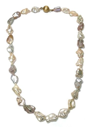 Multi-colored baroque Tahitian keshi pearl necklace with 14K gold clasp