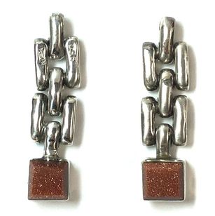 Vintage Mexican .950 sterling silver drop earrings set with goldstone glass