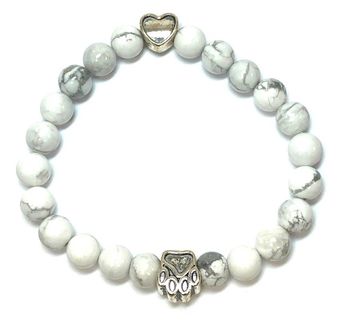 Howlite bead bracelet with heart and paw silver tone stations