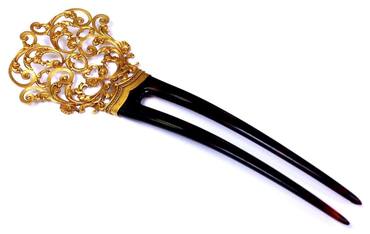 Victorian era antique hair pin with tortoise shell and solid gold, by T.B. Starr of Black, Starr & Frost