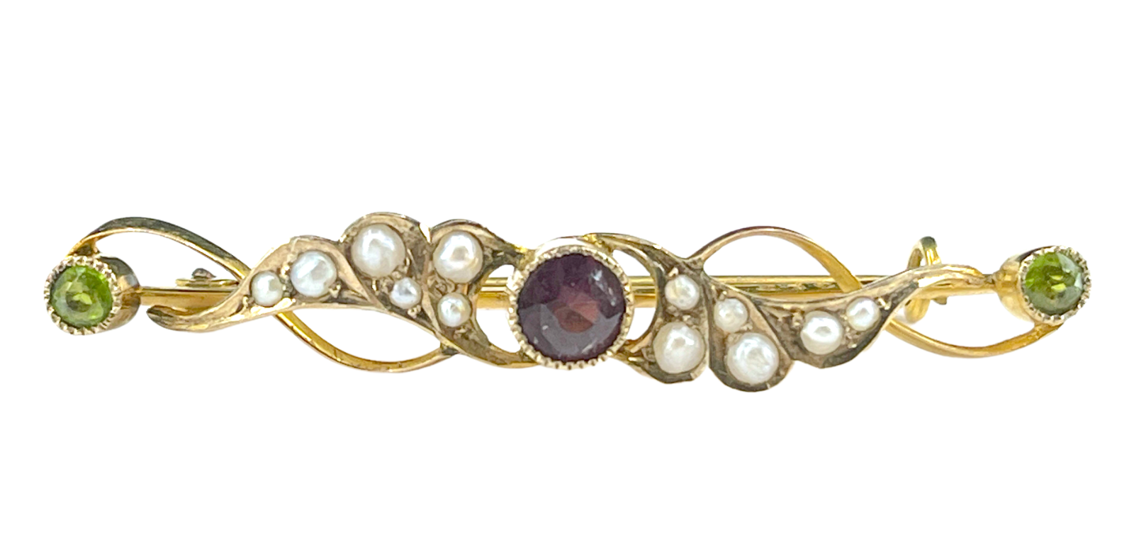 Art Nouveau Era antique A whimsical Suffragette brooch set with amethyst, peridot & seed pearls in 9ct gold