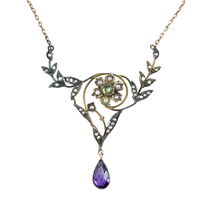 Art Nouveau Era antique Suffragette necklace featuring amethyst, pearl & peridot in 9ct gold