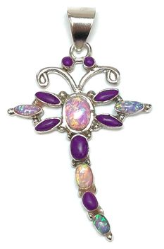 Vintage Zeta Begay Navajo dragonfly pendant set with opal and dyed purple howlite
