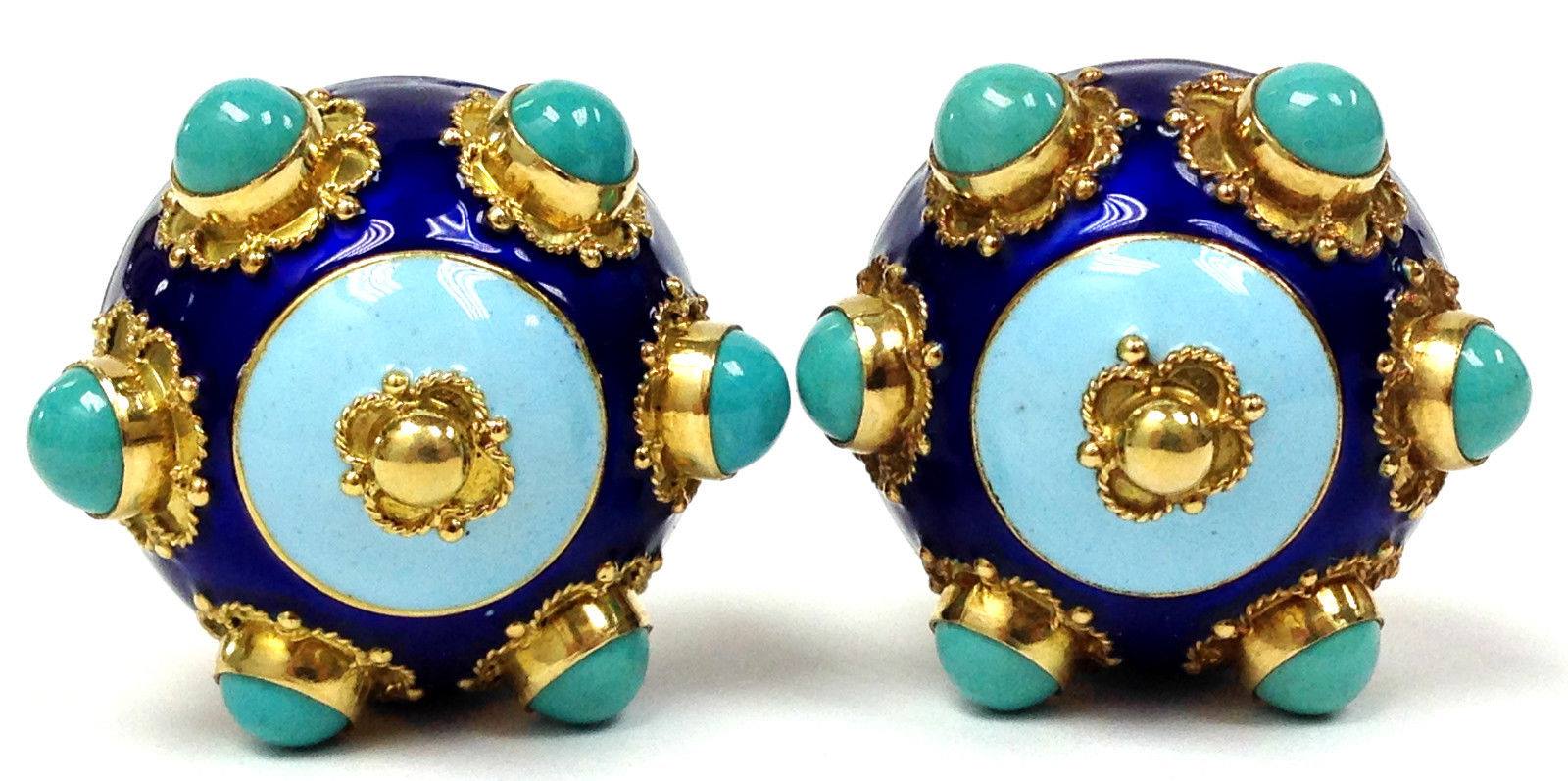 Victorian era antique 18K gold earrings featuring turquoise and cloisonné enameling