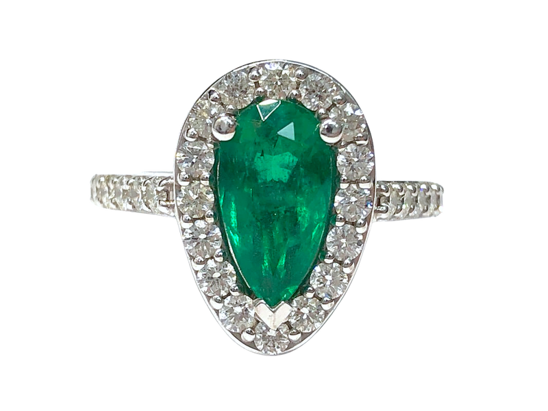 Natural Colombian emerald, diamond, and 18K white gold ring