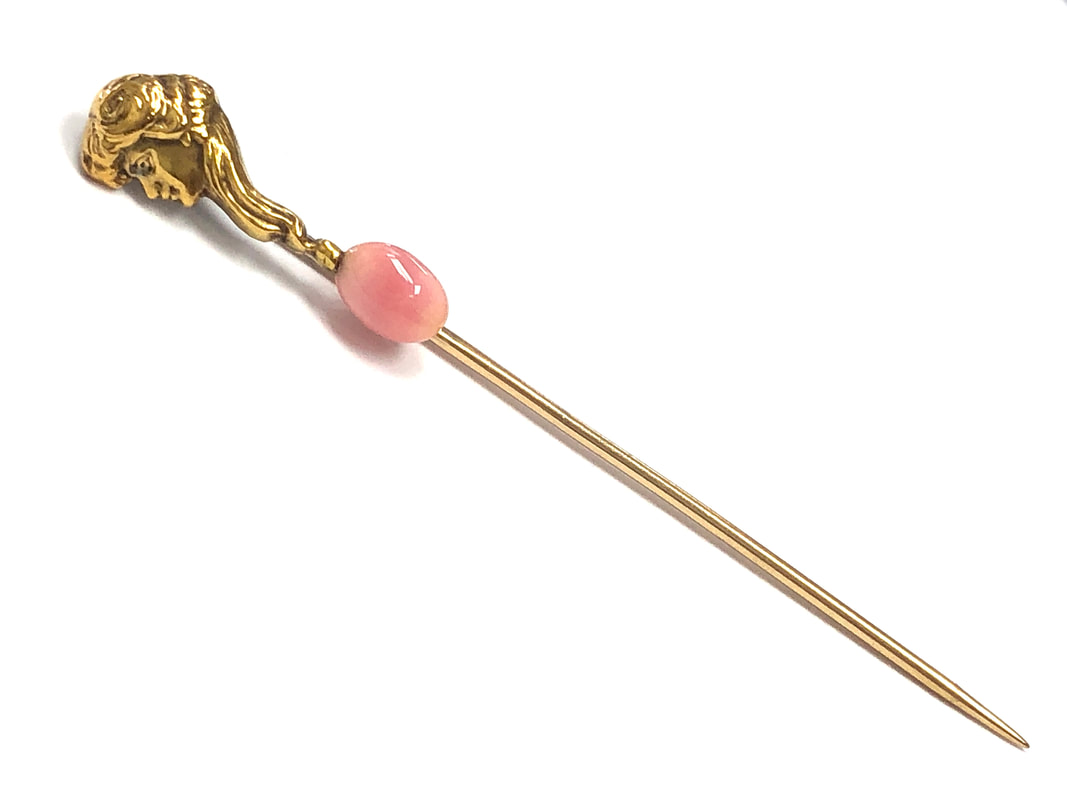 Early 1900s Art Nouveau Era antique 14K gold repoussé stickpin set with a natural pink conch pearl!