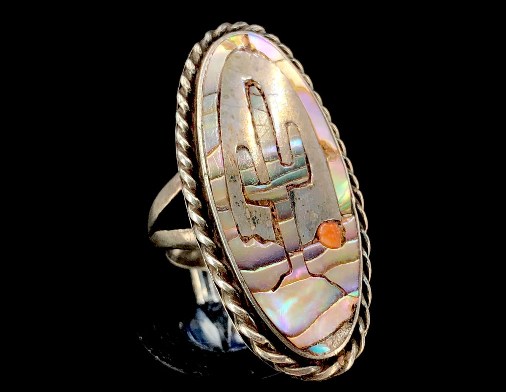 Vintage Native American inlay ring with abalone mother of pearl and spiny oyster shell
