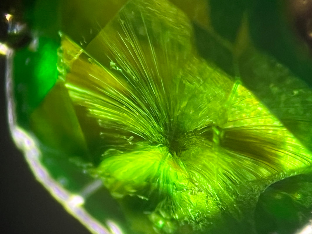 A magnificent horsetail inclusion within a demantoid garnet