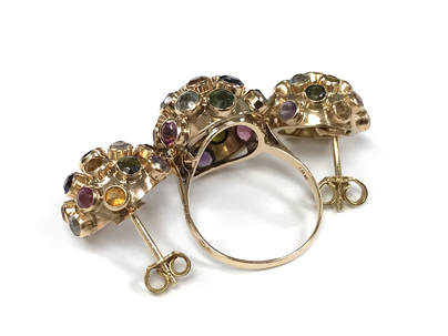 1950s Mid Century vintage 18K gold & multi-color natural gemstone Bombé Sputnik ring and earrings demi-parure
