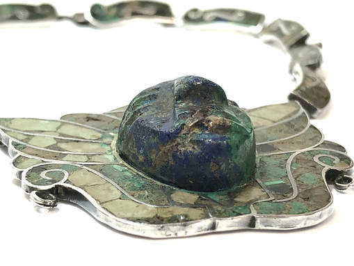 Vintage sterling silver necklace with azurlte, malachite, and azurmalachite inlay.  MASSIVE 3-dimensional carved azurmalachite face set at the center of the pendant.  Made in Taxco, Mexico.