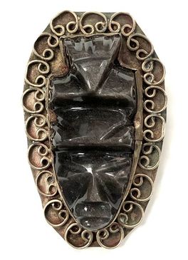 Massive, vintage Mexican alpaca & carved volcanic obsidian glass Aztec warrior pendant