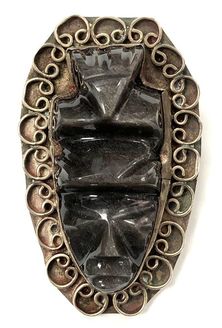 Vintage Mexican alpaca & volcanic sheen obsidian carved Aztec warrior pendant