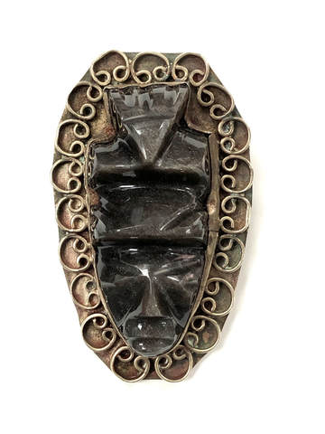 Massive, vintage Mexican alpaca & carved obsidian glass face pendant