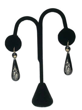 Mid Victorian Era antique mourning earrings featuring black enamel, seed pearl, silver and gold, by Markowitz & Scheid