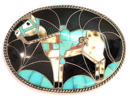 Vintage H-L Zunie Southwestern Zuni belt buckle featuring turquoise, jet, tiger shell, and spiny oyster shell set in a horse motif, sterling silver channel inlay, by Helen & Lincoln Zunie