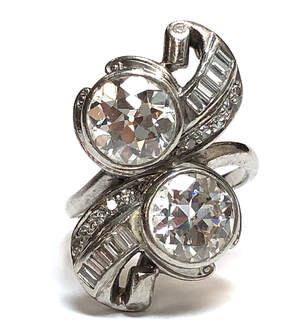 Mid Century vintage old European cut diamond twin stone platinum ring with baguette and round diamond accents