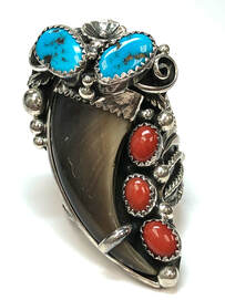 Vintage bear claw, turquoise and red coral ring by Southwestern Navajo artisan, Emma Cowboy