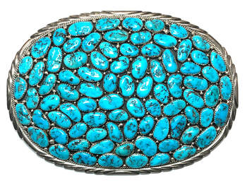 Incredible, Zuni-style turquoise clusterwork in this massive belt buckle by Southwestern Navajo artisan, W. Spencer