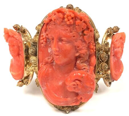 Magnificent Victorian Era red coral triple cameo pinchbeck bracelet