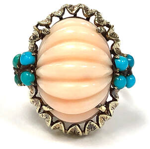Vintage 18K gold designer ring set with carved angelskin coral and turquoise