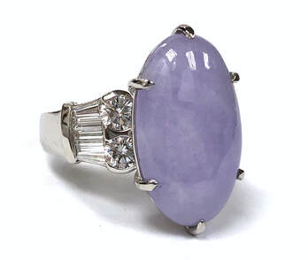 GIA certified natural Type A lavender jadeite jade ring in a heavy platinum & 2.00 ctw diamond setting