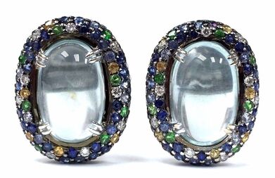 Aquamarine earrings with diamond, tsavorite & multicolor sapphire accents in 18K white gold