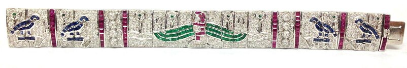 Art Deco era vintage Egyptian Revival platinum, ruby, emerald, sapphire & diamond tutti frutti bracelet