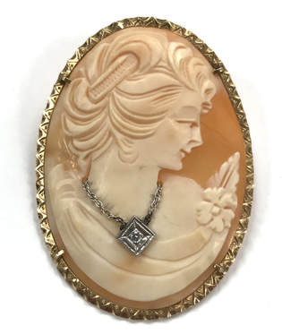 Stunning hand-carved carnelian shell cameo habillé set with a diamond.