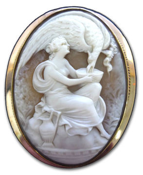 Incredibly-detailed and ornate, hand-carved sardonyx shell cameo of Hebe feeding Eagle Zeus