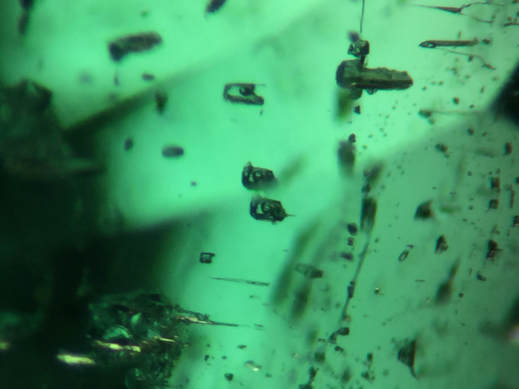 Photomicrograph showing boxy, 2-phase inclusions in a natural emerald, mined in Zambia