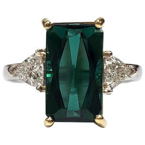 IGI-Certified 3.39 ct Bluish Green Tourmaline and 1/2 cttw Trillion Cut Diamond Ring in 14K White & Yellow Gold