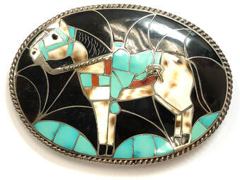 Vintage horse belt buckle by Helen & Lincoln Zunie, featuring a tiger shell, spiny oyster shell, turquoise and jet inlay in sterling silver