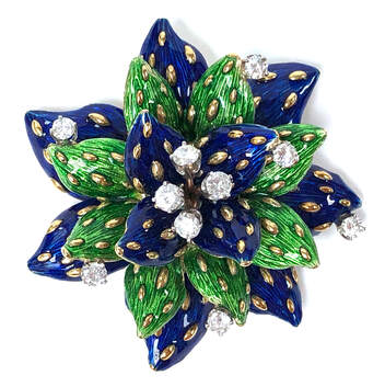 Mid Century Vintage 18K gold, diamond, blue & green guilloche enamel brooch pin