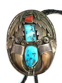 Vintage Southwestern bolo tie, by Joe Barela, featuring natural turquoise, precious red coral and 2 bear claws.