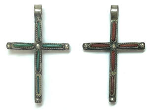 Vintage, reversible, Zuni needlepoint cross pendant set with green turquoise and red coral