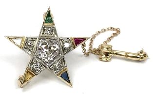 Order of the Eastern Star women's Masonic star and gavel brooch set with old mine cut diamonds.