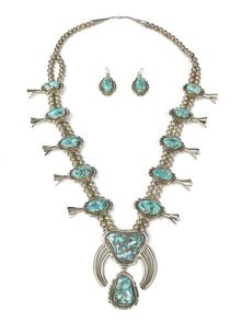 Navajo squash blossom demi parure set with fine turquoise (necklace and earrings suite)