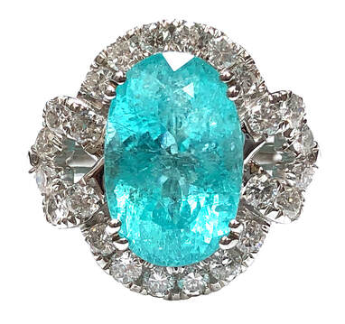 5.64 ct Neon greenish blue Paraiba tourmaline and diamond ring in 18K white gold