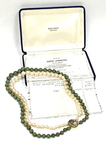 Vintage double strand akoya pearl & nephrite bead necklace with an incredible, platinum and 18k yellow gold filigree spider web clasp set with diamonds.  Purchased from Eddie Jameson Custom Jewels, with original box and receipt.