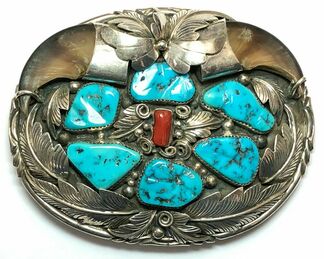 Large, vintage, statement belt buckle by Southwestern Navajo artisan, Joe Barela, featuring turquoise, red coral and actual bear claws!