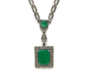 Vintage sterling silver, chrysoprase, and marcasite necklace