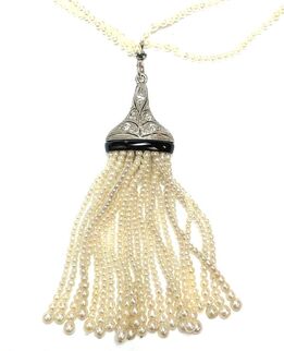 Art Déco Vintage platinum filigree, diamond, black onyx and seed multi-strand seed pearl pendant necklace