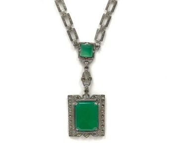 Vintage sterling silver, dyed green chalcedony & marcasite necklace