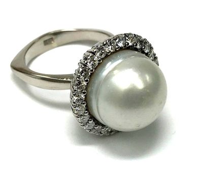 Circled South Sea pearl & diamond halo ring with Euro shank